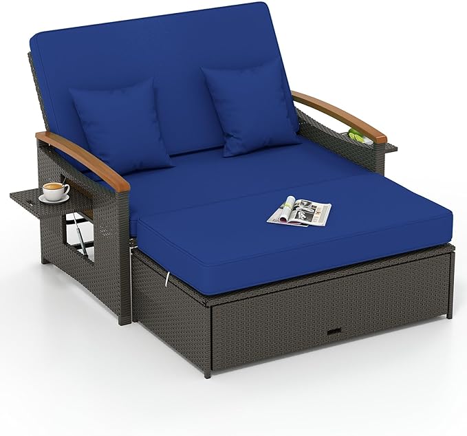 Tangkula Patio Rattan Daybed with 4-Level Adjustable Backrest, Outdoor Wicker Loveseat with Acacia Wood Armrest, Storage Ottoman & Folding Tray, Double Sunbed for Balcony, Backyard & Poolside (Navy)