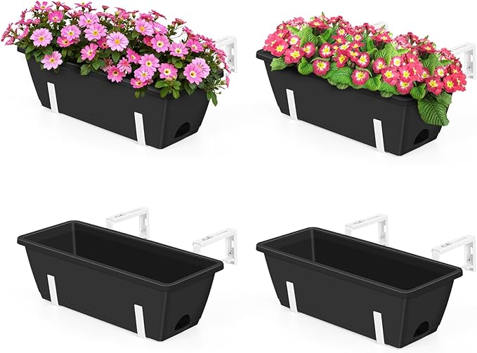 OYEAL 4 Pack Railing Planter Box Outdoor Hanging Balcony Planters 17 Inch Window Boxes Planter with Adjustable Brackets Plastic Flower Pots for Garden Deck Porch Railing Balcony Fence, Black & White