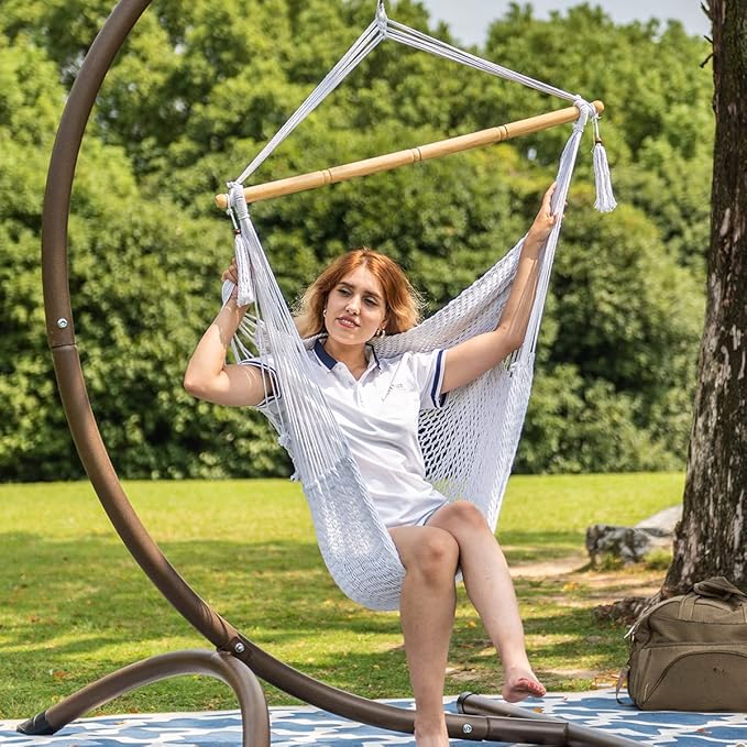 Lazy Daze Hammocks Hanging Chair Caribbean Swing Chair Hammock Chair w/Soft-Spun Cotton Rope, 40" Hardwood Spreader Bar Wide Seat, Max 300 Pounds, for Indoor Outdoor Garden Yard, White