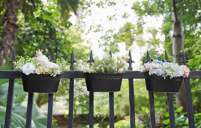 Dahey 10.5 Inch Metal Iron Hanging Flower Pots for Railing Fence Hanging Bucket Pots Countryside Style Window Flower Plant Holder with Detachable Hooks Home Decor,Black,3 Pcs