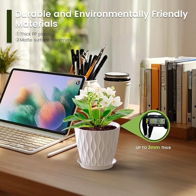 5 inch Plant Pots for Indoor Outdoor Plants, 6 Pack Thick Nursery Pots with Drainage Holes and Saucers, 3D Modern Wave Texture Small Plastic Planter Flower Pots, Multicolor