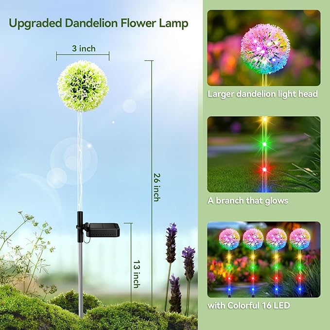 Solar Garden Lights Outdoor Decor: 4 Pack Dandelion Solar Flower Lights, 2 Modes 16 LED Colored Solar Lights for Outside, Waterproof Decorative Flowers for Yard, Patio, Gifts for Women Mom
