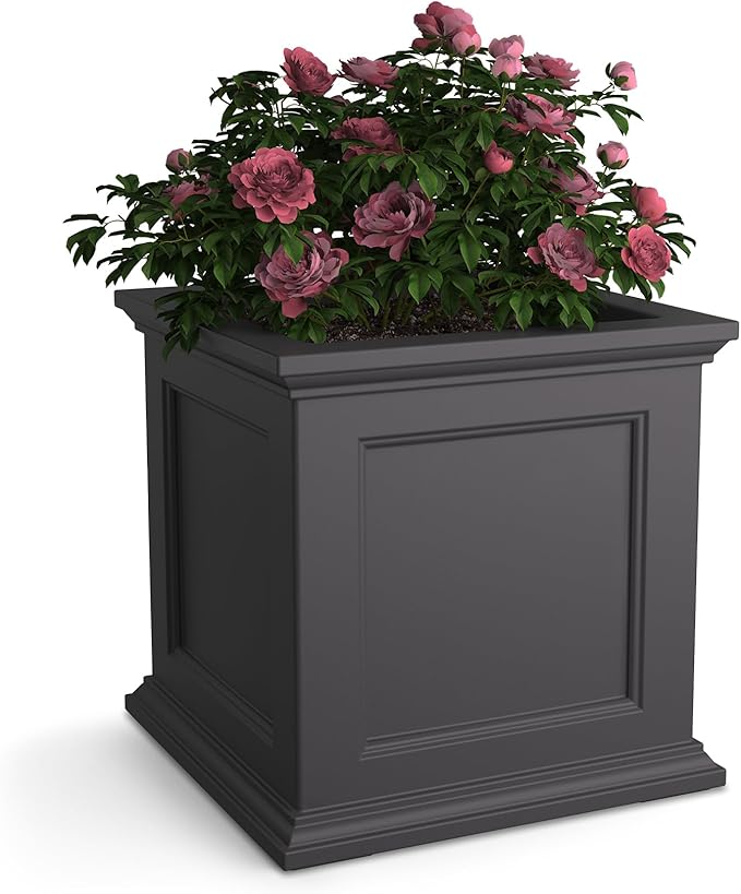 Mayne Fairfield 20-Inch Square Planter – Self-Watering, Weather-Resistant Planter for Flowers – Durable Outdoor Design for Patio, Porch, or Entryway, Graphite Grey