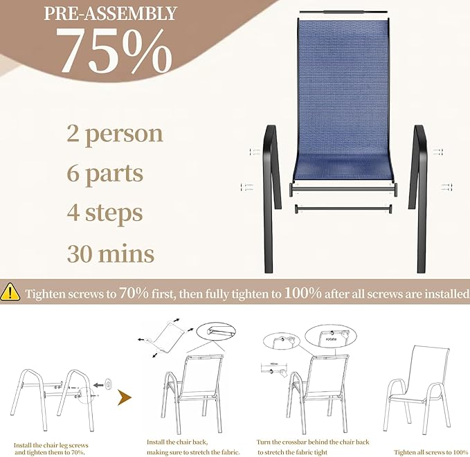 MAMIZO Patio Dining Chairs, Stackable All Weather Teslin Chair, Heavy Duty Outdoor Breathable Chairs Set, w/Armrests, Upgraded Chair FeetW/Strenthened Iron Spacers, 330 LBS (8, Navy Blue)