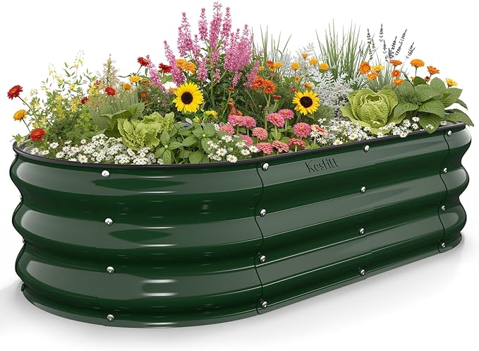 Kesfitt Raised Garden Bed, 4x2x1 FT Galvanized Steel Metal Raised Garden Bed, Oval Open-Bottom Design, 12-Inch Deep for Outdoor Vegetable & Herb Gardening, Forest Green