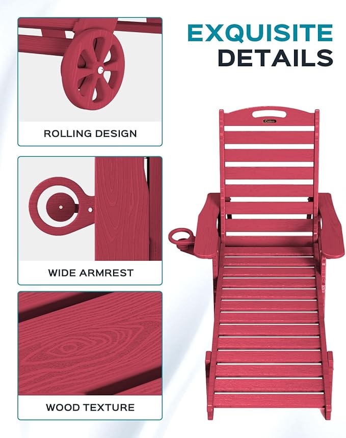Outdoor Chaise Lounge Chair Set of 2, Patio Lounge Chairs for Outside, HDPE Lounge Chair with Wheels & Cup Holder, Poly Chair with 5 Position for Poolside, Deck, Red