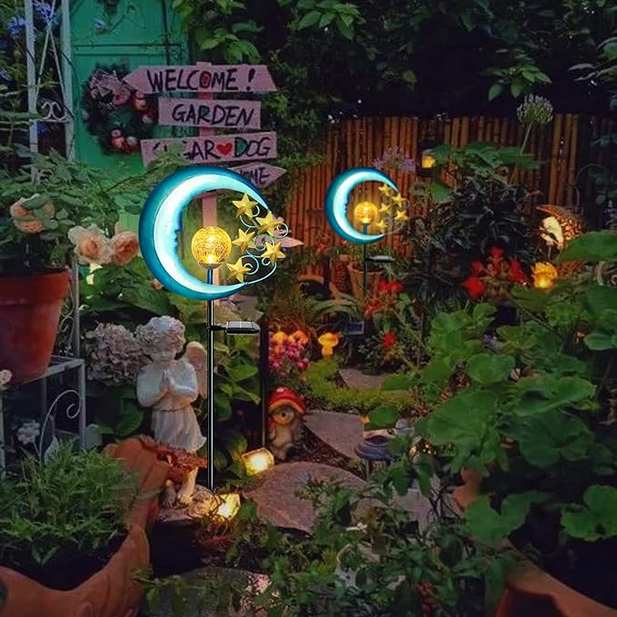 Stars Moon Solar Lights Outdoor - Solar Powered Garden Lights Decorative Crackle Glass Globe Led Waterproof Landscape Lighting for Pathway,Yard,Lawn,Patio