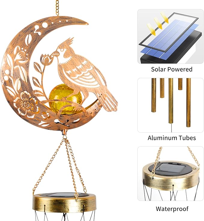Moon Cardinal Wind Chime for Outside - Exquisite Vermilion Bird, Handmade Aluminum Wind Chimes for Garden/Lawn, Soothing Zen Decor, Perfect Asian-Themed Gift for Housewarming & Meditation Spaces