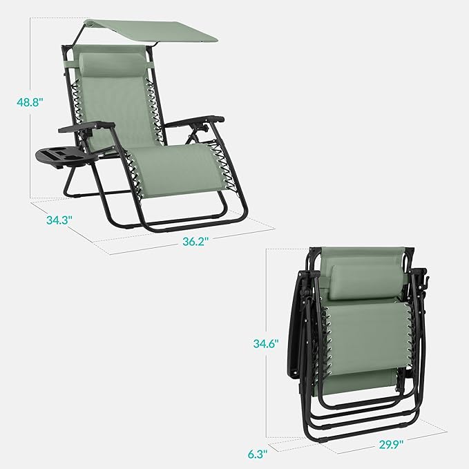 Best Choice Products 30” Wide Folding Zero Gravity Outdoor Recliner Patio Lounge Chair w/Adjustable Canopy Shade, Headrest, Side Accessory Tray - Sage Green