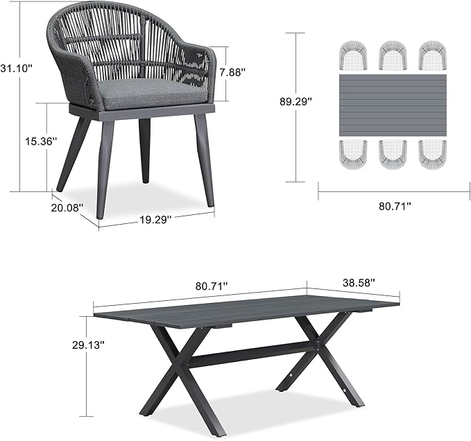 PURPLE LEAF 7 Pieces Longer Patio Dining Set with Outdoor Aluminium Dining Table and Woven Chairs Modern Metal Furniture Cushions Sets for Garden Yard Indoor Decor Kitchen Gray