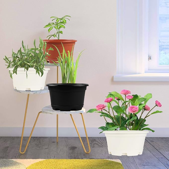 5 Pack 8.5 inch Plant Pot,Outdoor Flower Pots,Plastic pots for Plants Indoor with Drainage Holes and Trays, Decorative Garden Containers Sets for Houseplants