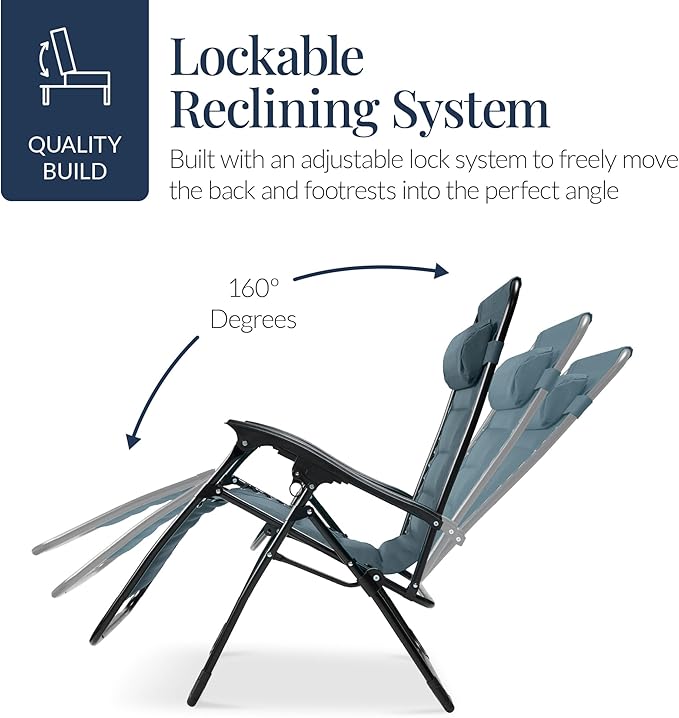 Best Choice Products Oversized Padded Zero Gravity Chair, Folding Outdoor Patio Recliner, XL Anti Gravity Lounger for Backyard w/Headrest, Cup Holder, Side Tray, Polyester Mesh - Slate Blue