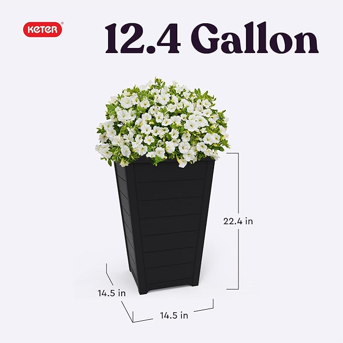 Keter Set of 2 Modern 22‑Inch Tall Outdoor Flower Pots – Large Resin Tapered Planters for Outdoor Plants, Front Porch & Patio Decor, Wood‑Look Design, Graphite