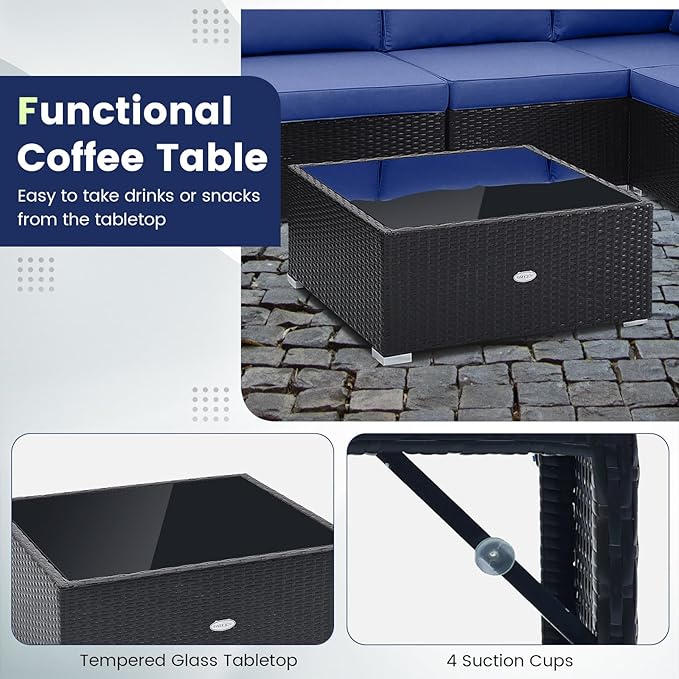 Tangkula 10 Pieces Patio Sofa Set, Outdoor Wicker Conversation Set with Soft Cushions, Tempered Glass Tabletop, Sofa Fastener Clips Included, Rattan Furniture Set for Backyard, Poolside (Navy)