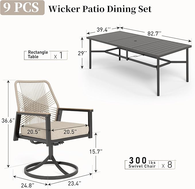 Patio Dining Set 9 Piece, 8 x Woven Rattan Swivel Chairs with Waterproof Cushion, 83" Rectangular Metal Dining Table with Umbrella Hole, Outdoor Table and Chairs Set for Backyard Lawn and Deck, Beige
