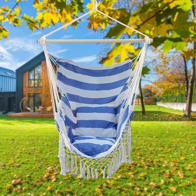 Hammock Chair, Hanging Rope Swing Seat with 2 Cushions,Macrame Hanging Chair Side Pocket with High Load-Bearing Metal Rod,for Indoor, Outdoor, Extra Comfortable