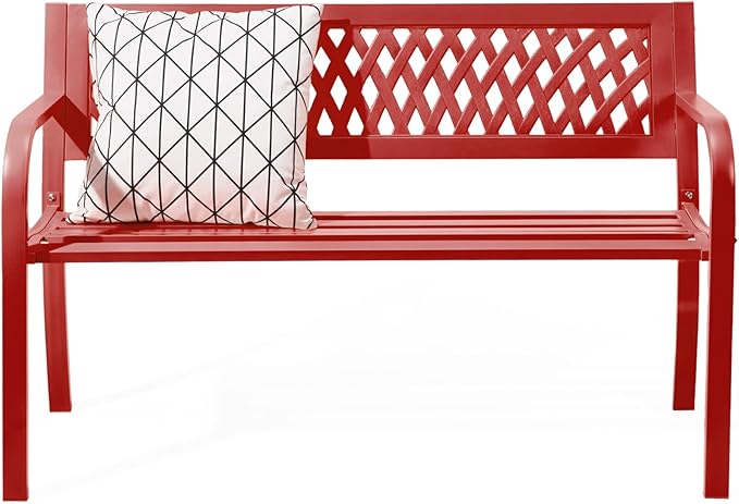 VINGLI 47'' Outdoor Bench, Weather Resistant Garden Patio Bench Powder Coated Iron Frame w/PVC Mesh Backrest Slatted Seat, 2-Person Outdoor Furniture for Front Porch Entryway Park (Red)
