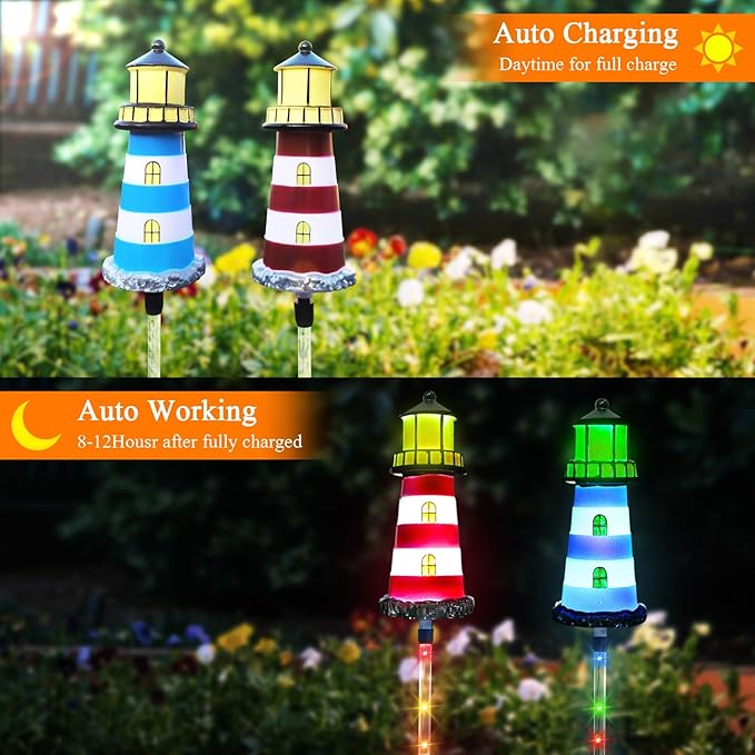 Solar Lights Outdoor 2 Pack, Solar Garden Lamps, Outdoor Decorations, Garden Decorative lamp in The Shape of a Lighthouse, a Unique Gift for Women, a Gift for Grandmother