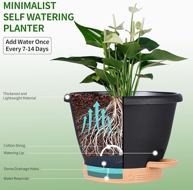 Plant Pots, Flower Pots for Indoor/Outdoor Plants, Self Watering Plastic Planters Pots with Drainage Holes, Saucer & Reservoir, Decorative Nursery Planting Pots(10 Inch Set of 4) (Black)
