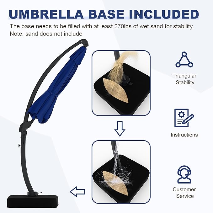 GarveeLife 11FT Cantilever Patio Umbrella With Base Included, Cantilevers Outdoor Umbrella Heavy Duty Offset, Aluminium Curved Cantilever Umbrella