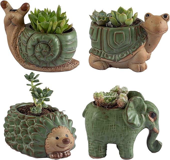 Small Succulent Pots with Drainage, Indoor/Outdoor Ceramic Animal Planter, Cute Cactus/Bonsai Small Flower Pots for Home Decor and Office Desk Decoration, A Set of 4 Pieces is Suitable as A Gift
