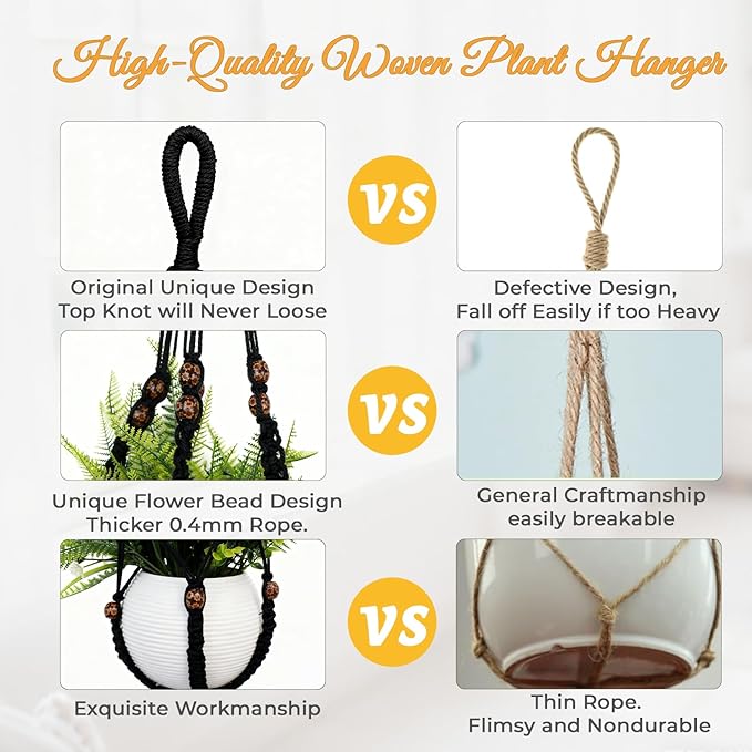 35 Inch Macrame Plant Hanger, Large for up to 15 Inch Pot Extra Long Hanging Planter Holder Basket with Wood Beads for Indoor Outdoor Home Decor (Black, 2-Pack)
