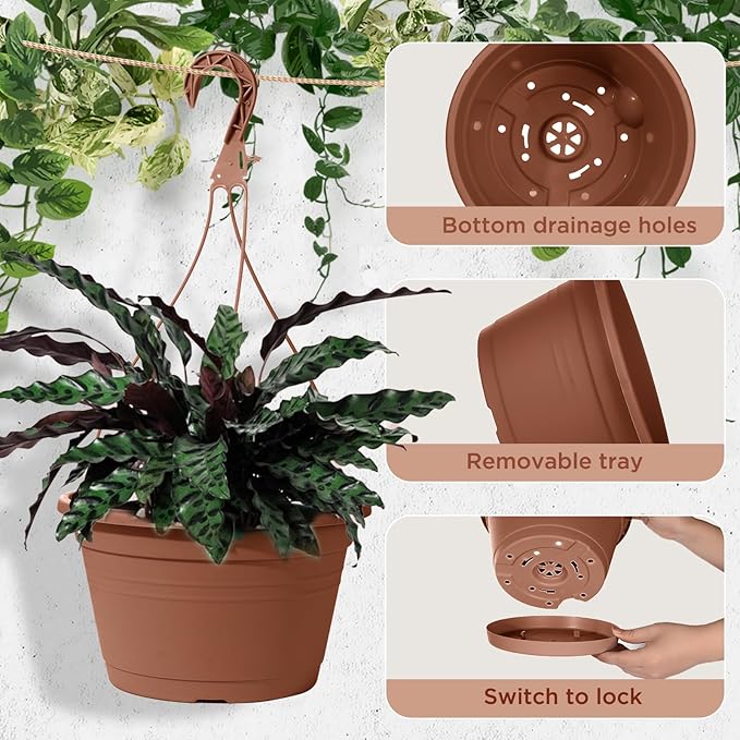 VIDELLY 4 Pcs Hanging Planters for Indoor Plants,10" Large Plastic Hanging Basket with Drainage Trays & Chain Holder for Outdoor Indoor Plants Garden Balcony Decoration, Brown