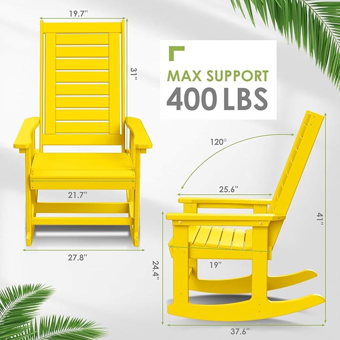 GREENVINES Outdoor Rocking Chairs | Set of 2 | Porch Rocker | HDPE Plastic | Yellow | Oversized Rockers | High Back | Big & Tall | Ladder Back | for Patio Outside Backyard Balcony Garden