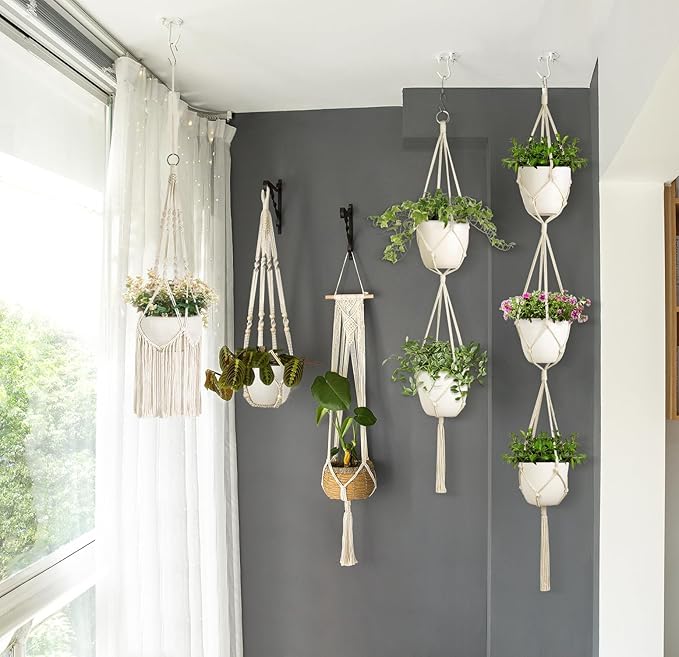 Mkono Macrame Plant Hangers, 5 Pack Different Tiers Indoor Hanging Planters Basket with 5 Hooks Decorative Flower Pots Holder Stand Boho Home Decor, Ivory
