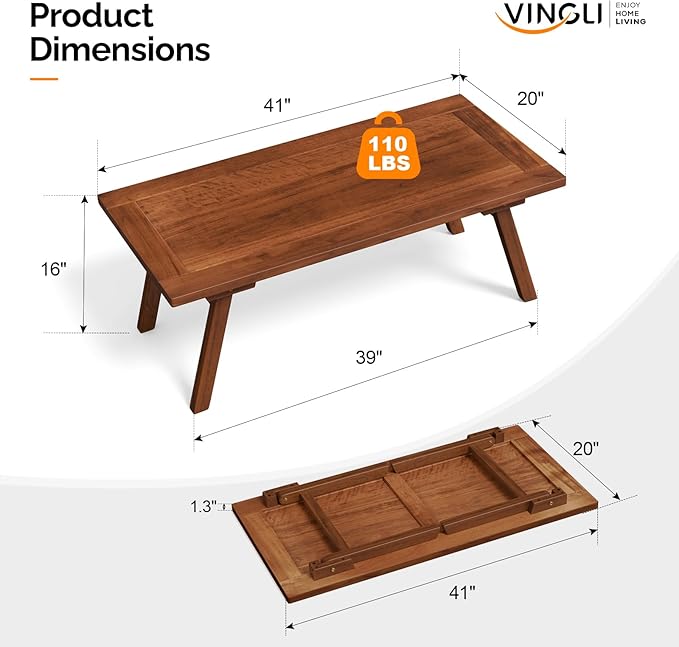 VINGLI Outdoor Folding Coffee Table, Natural Poplar Wood Patio Coffee Table, No Assembly Required, Ideal for Balcony, Porch, and Living Room, Rectangle, Natural