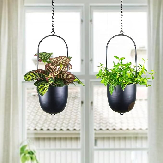 Stackable Metal Hanging Planters, Set of 2 Black Oval Plant Hangers with 6 inch Flower Pots, Modern Wall and Ceiling Plant Holders for Indoor Outdoor Plants Home Décor