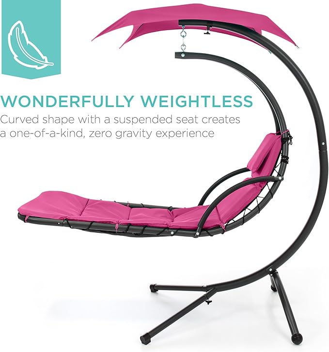 Best Choice Products Outdoor Hanging Curved Steel Chaise Lounge Chair Swing w/Built-in Pillow and Removable Canopy - Pink