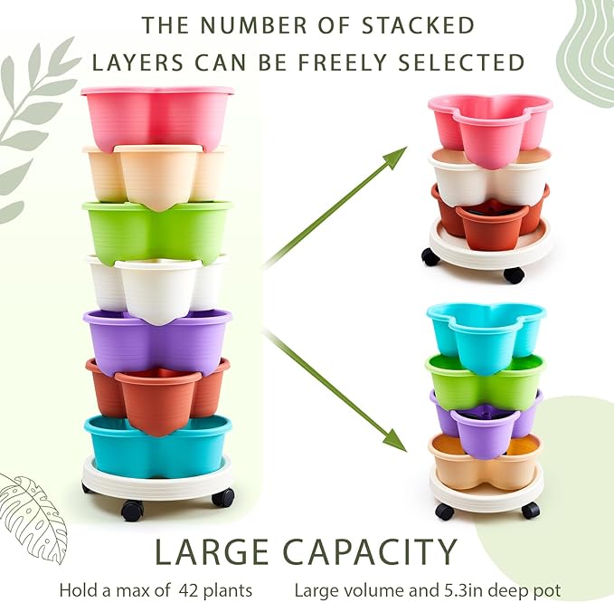 Umigy 2 Set Multicolor 7 Tier Stackable Vertical Planters with Removable Wheels and Tools Tower Planters Strawberry Herb Flower Vegetable Pots Indoor Outdoor Gardening Pots