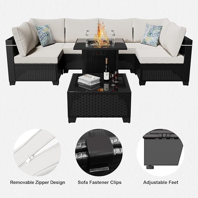 8 Pcs Patio Furniture Set with Fire Pit Table Wicker Outdoor Sectional Sofa, Conversation Set Perfect for Backyard, Garden, Deck (Deep Brown/Beige)
