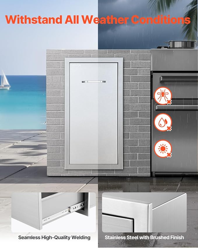 VEVOR Outdoor Kitchen Trash Drawer, 11.81" W x 19.6" D x 23.62" H Interior Storage, Multi-Purpose Outdoor Kitchen Drawers Stainless Steel, 55 lbs Max Capacity per Tier, for Outdoor BBQ Island Kitchen