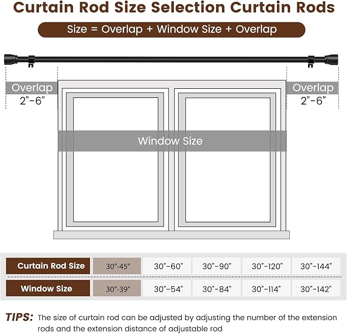 1” Diameter Curtain Rods Itself is 30 to 45 inch 2 Pack Fit 30-39 inch Window with Heavy Duty Adjustable Rod Matte Black Splicing Metal Extra Long Curtain Rod for Windows