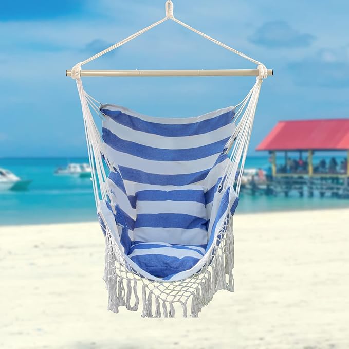 Hammock Chair, Hanging Rope Swing Seat with 2 Cushions,Macrame Hanging Chair Side Pocket with High Load-Bearing Metal Rod,for Indoor, Outdoor, Extra Comfortable