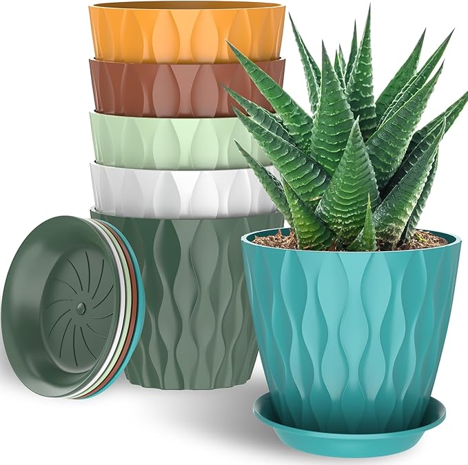 6 Pack 7 Inch Indoor Plant Pots with Drainage Holes, Outdoor Plastic Decorative Flower Pots, Garden Planters with Tray Saucers for Orchids, Violets, Succulents, Herbs, and Other Plants