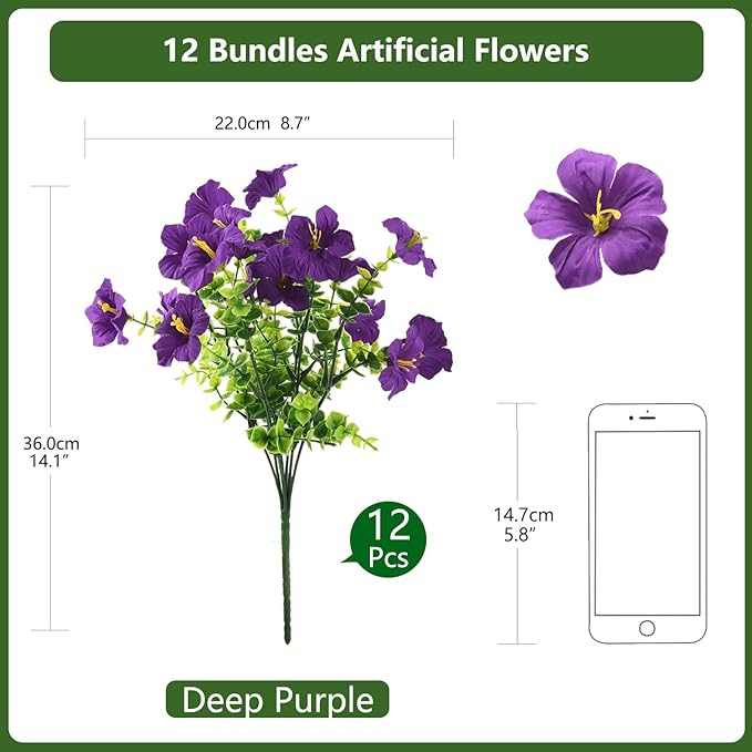 INQCMY Artificial Fake Petunias Flowers for Outdoors Spring Decoration, 12 Bundles Faux Flower Plants UV Resistant Purple Realistic Silk Flower for Outside Planters Patio Porch Yard Window Box