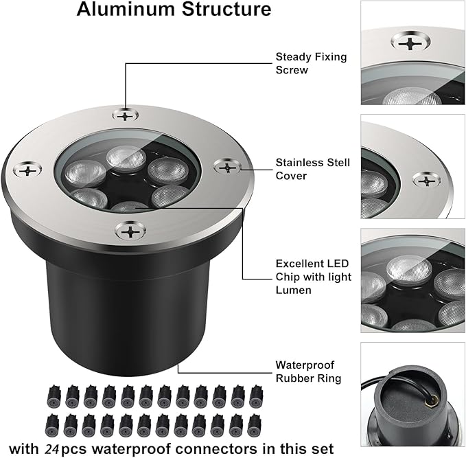 JESLED Outdoor Landscape Lights, 6W LED In Ground Well Lights, 12V 24V 3000K Warm White, IP67 Waterproof Low Voltage Landscaping Spotlight for Driveway Deck Step Yard Fence Garden Pathway (12 Pack)