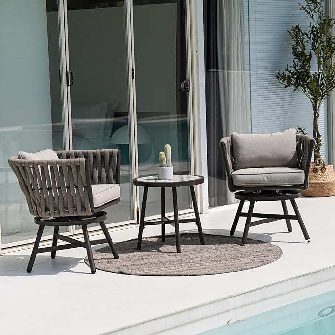 Grand patio Dining Chair Set of 3, Swivel Rope Armchairs with Cushions and Round Side Table with Tile Tabletop, Wicker, Indoor Outdoor Modern Style, Backyard, Balcony, Light Gray Brown