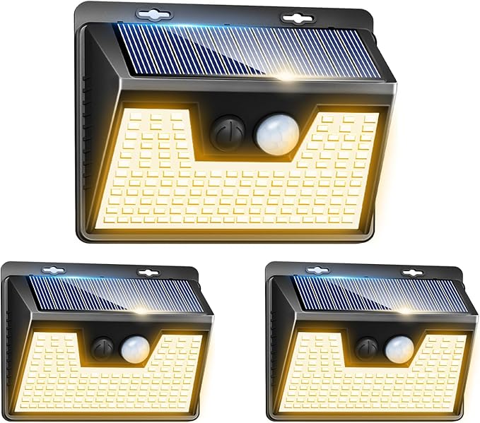 Peasur Solar Lights Outdoor Waterproof [3 Pack/140LED], Warm White Motion Sensor Lights Dusk to Dawn, 3 Modes Solar Fence Security Lighting for Wall Garden Yard Stair Outside