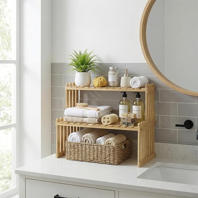 MyGift Natural Bamboo Indoor Plant Stand for Desk, 2 Tier Desktop Shelf Organizer Rack with 2 Slatted Shelves