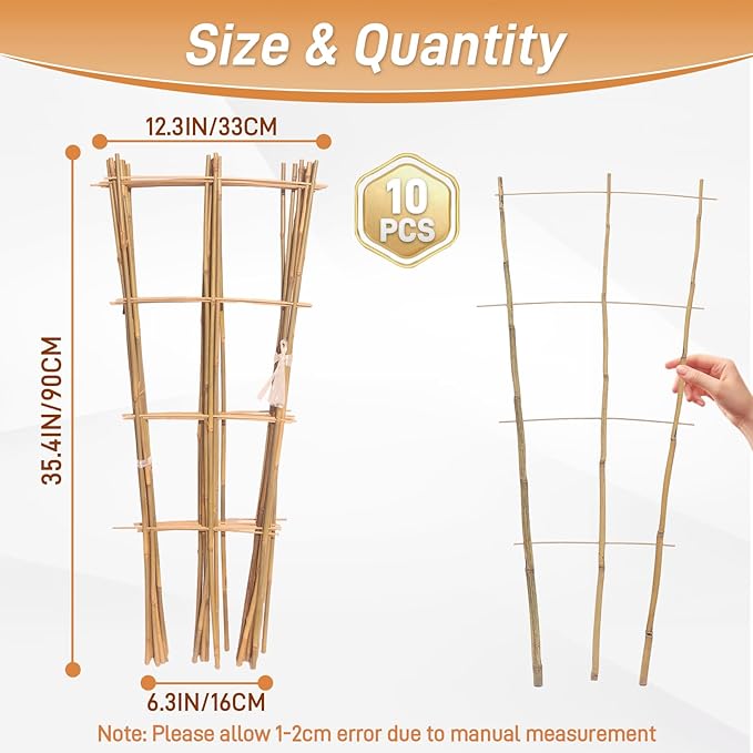 10 Pack 3ft Bamboo Trellis for Climbing Plants - Fan-Shaped Support Trellis for Potted Plant Decor in Door