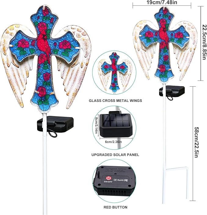 YJFWAL Cardinal Bird&Rose Cross Garden Stake Light, Solar Glass Cross for Cemetery Grave, Easter Cross Angel Wings Sympathy Memorial Gifts, Garden Lawn Yard Patio Decor