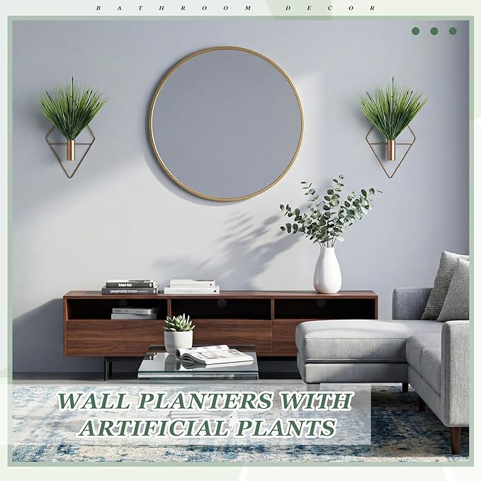 4 Pieces Bronze Wall Decor Hanging Planters with Artificial Aquatic Plants Metal Hanging Vase Indoor Plants Holder Modern Boho Wall Art for Bathroom Bedroom Living Room Decor