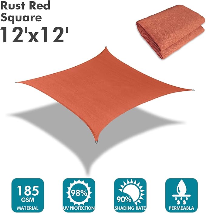 KANAGAWA Sun Shade Sail 12'x12' Rust Red Square UV Block Canopy Awning Shelter Fabric Cloth Screen for Outdoor Patio Garden Backyard