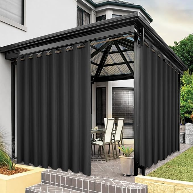BONZER Waterproof Outdoor Curtains for Patio Porch Pergola Cabana Thick Privacy Wide Grommet Indoor Curtains for Bedroom Living Room, 1 Panel, 110W x 108L inch, Charcoal