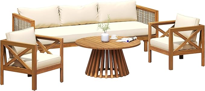 Merax Outdoor 4-Piece Acacia Wood Conversation Set - Patio 3-Seat Loveseat Sofa w/Coushion, 2 Armchair and Round Coffee Table for Backyard, Lawn, Balcony, Beige + Teak