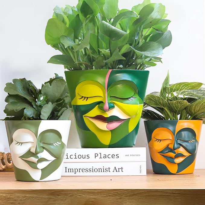 GUGUGO 8 Inch Planter Abstract Rainbow Face Pots for Plants, Unique Head Planters Pots with Drainage, Cute Eclectic Flower Pot for Garden, Colorful Funny Room Decor (Mainly Green)
